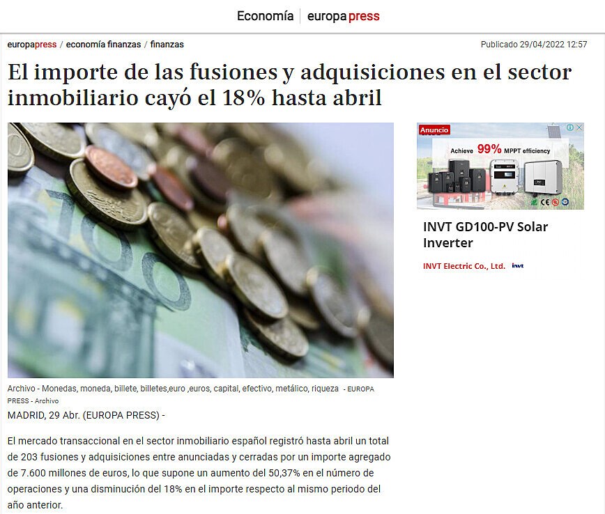 El importe de las fusiones y adquisiciones en el sector inmobiliario cay el 18% hasta abril